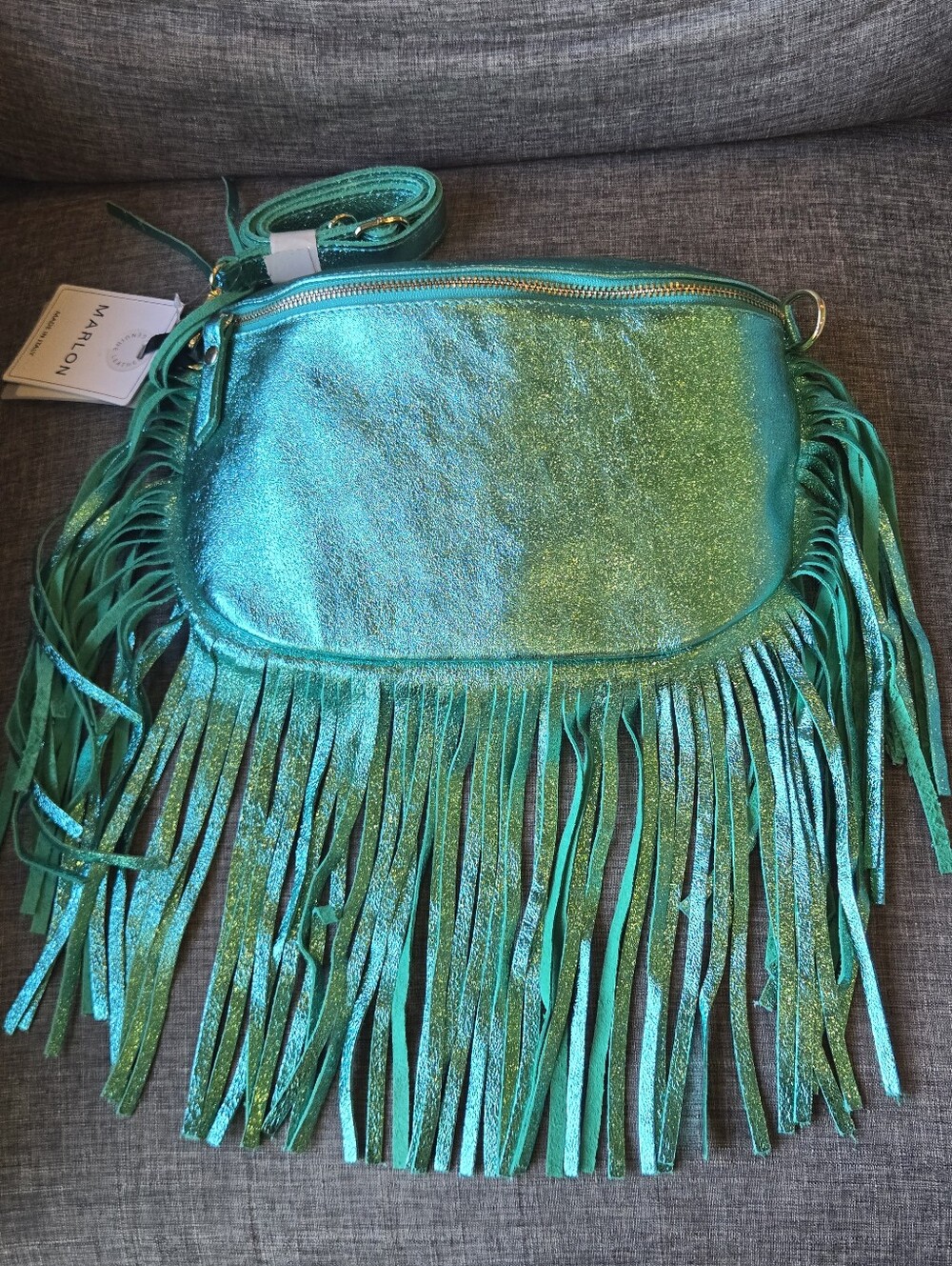NWT Marlon Italy Leather Fringe Hobo Crossbody Bag Turquoise Boho Rare!